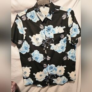 SHEIN Black and Blue Floral Men's Button Up Shirt. Sz. L